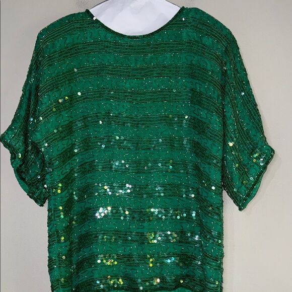 Sweep Vintage Silk Green Sequin Oversized Dolman Sleeve Blouse - Picture 1 of 15